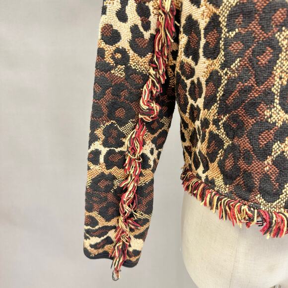 Vintage Cache Leopard Print Woven Fringe Bolero Blanket Jacket Size Small Cotton - Picture 11 of 16